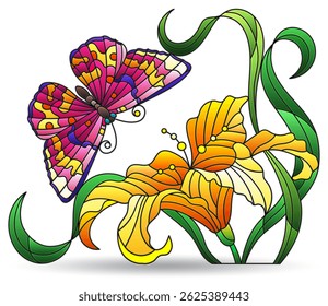 Illustration with butterfly and lily flower, composition isolated on a white background