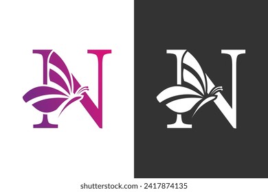 diseño de logotipo de mariposa de ilustración con letra n concepto