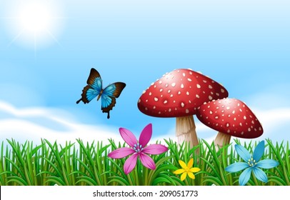 Illustration of a butterfly near the red mushrooms