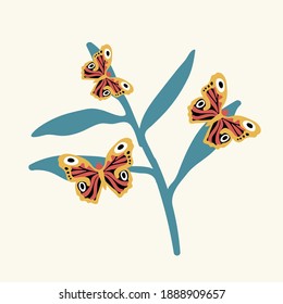 Illustration of a butterfly on a flower. Cute little insects hover near the flower. Doodle picture of soaring, colored, winged, with whiskers pollinating flying flowers. 