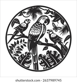 Illustration of a butterfly and parrots on a tree branch