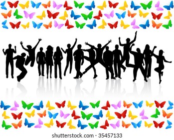 Illustration of butterfly and people jumping