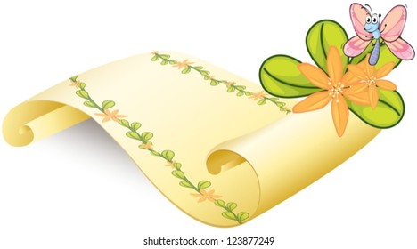 Illustration of a butterfly and a scroll on a white background