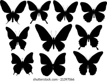 ilustración con la colección de siluetas de mariposa aislada en fondo blanco