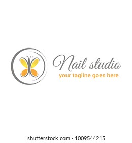 Illustration of a butterfly with yellow and orange wings. Creative vector logo template for nail studio, salon manicure or nail bar. EPS 10.