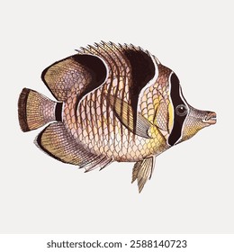 Illustration of a butterflyfish with detailed scales and fins. The butterflyfish features intricate patterns and vibrant colors, showcasing its unique design. Vintage marine life vector.