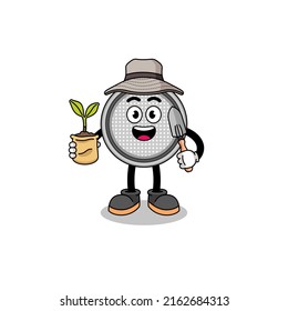 Illustration Of Button Cell Cartoon Holding A Plant Seed , Character Design