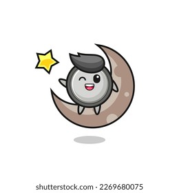 illustration of button cell cartoon sitting on the half moon , cute style design for t shirt, sticker, logo element