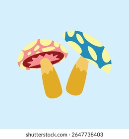 Illustration of button mushrooms, two colorful button mushrooms. Mushrooms are cute and can be used as a design element in children's fairy tale books.