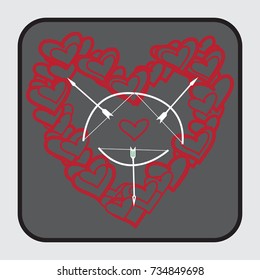 Illustration of a button with a picture of the heart. Crossbows shoot at the heart. Vector greeting card. Greeting card valentine. Button with a heart. Button for design. Holiday card.