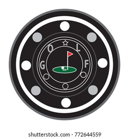 Illustration of a button playing golf. Retro image. Print for the designer. Gift card, sports holiday icon. The avatar element for the player. A business card for the holiday.