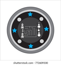 Illustration of a button with Santa Clauses and snowmen. Retro image. Print for the designer. Gift card, badge. The avatar element for the player. A business card for the holiday.