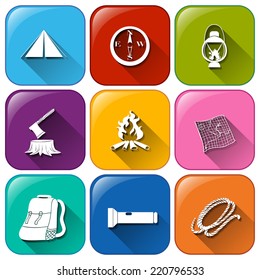 Illustration of the buttons with the different camping materials on a white background  