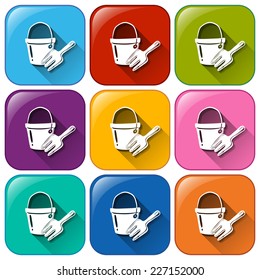 Illustration of the buttons with a pail and a fork on a white background  