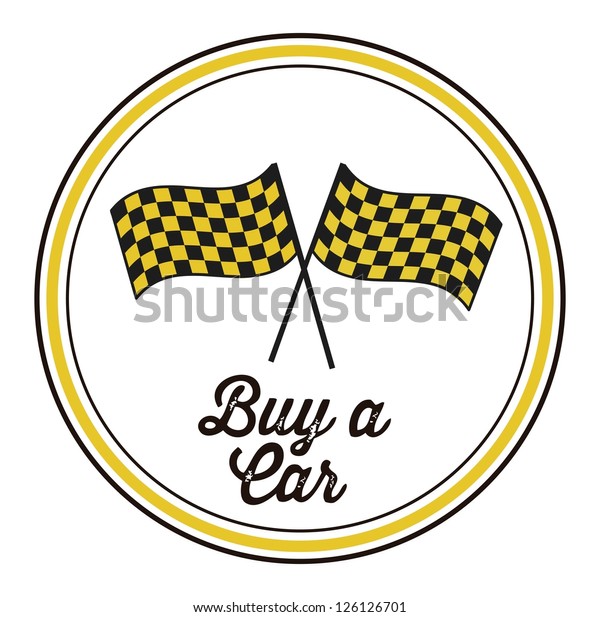 Illustration of buy a car label, racer\
flags,  vector\
illustration