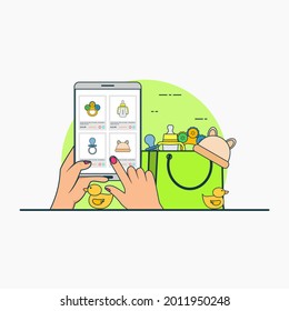 Illustration for buy online Baby equipment with smartphone concept. Design vector with flat style