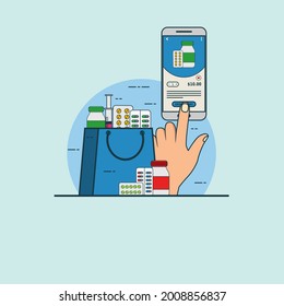 Illustration for buy online medicine concept with smartphone. Design vector with flat style