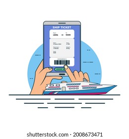 Illustration to buy online ship ticket concept with smartphone. Design vector with flat style
