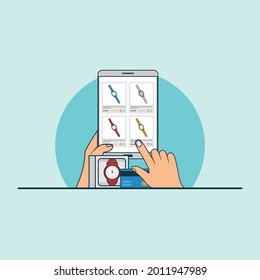Illustration for buy online smart watch with smartphone concept. Design vector with flat style