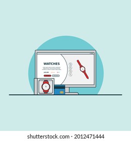 Illustration for buy online smart watch with computer concept. Design vector with flat style