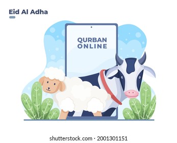 ilustración Comprar animal de sacrificio o animal cubano en línea para celebrar eid al adha. Eid al adha donará animales de sacrificio con smartphone en línea. Se puede usar para sitio web, banner, afiche, volante.