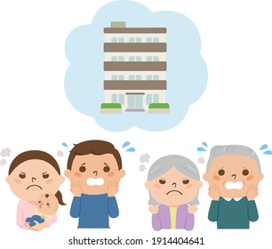 Illustration of buying an apartment to live with parents. The women are angry. Men are in trouble.