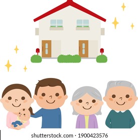 Illustration of buying a house to live with parents. The young couple chose a home.