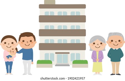 Illustration of buying a house to live with parents. A young couple who chose an apartment.