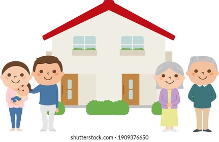 Illustration of buying a house to live with parents. The young couple decided on a house for two families to live in.