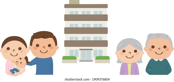 Illustration of buying a house to live with parents. A young couple who chose an apartment.