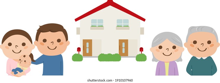 Illustration of buying a house to live with parents. The young couple decided on a house for two families to live in.