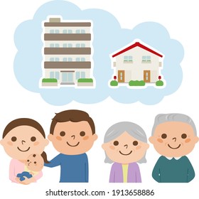 Illustration of buying a house to live with parents. The young couple is thinking of a house where two families live.