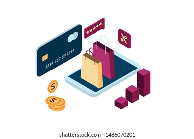 illustration of buying and selling online using a smartphone with 3d isometric design style