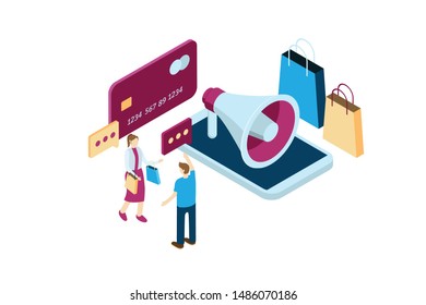 illustration of buying and selling and promotion online using a smartphone with 3d isometric design style