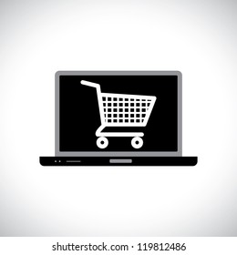 Illustration of buying or shopping online using computer. The graphic contains a laptop and shopping cart icon on its screen representing the concept of e-commerce/online shopping/e-business, etc.