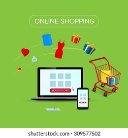 Illustration of buying and shopping online with vector icons. Mobile payment and ecommerce infographics.