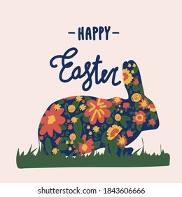 Illustration by easter bunnies. Greeting card with a vector floral background for the spring holiday of Easter. Cartoon image of a rabbit drawn in the flat style. With the Spring holiday of the Mouth