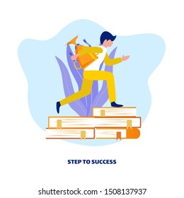 Illustration by holding a trophy, steps to be successful