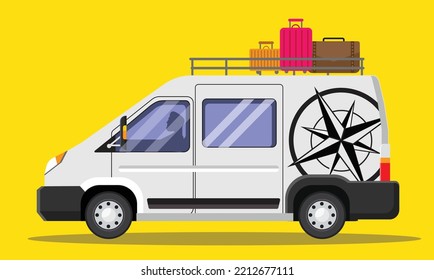 Illustration von Vanlife. Vektorgrafik eines Campervan, mit Koffern auf dem Dach. Campervan