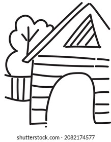 illustration of a cabin in a place with a tree background, drawn doodle like a child's drawing