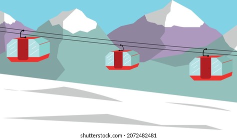 Illustration of cable cars descending through snowy landscape surrounded by mountains. Winter holidays concept.