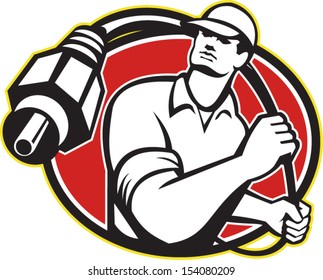 Illustration of a cable tv installer guy wielding a coaxial coax cable viewed from front set inside oval done in retro style on isolated white background.