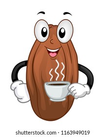 Illustration of a Cacao Bean Mascot Holding a Cup of Hot Chocolate Drink