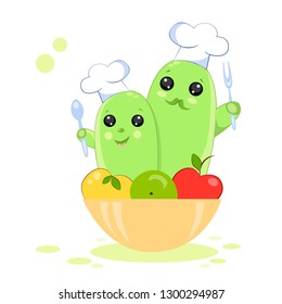 Illustration of cacti cooks in caps in a funny kawaii style in a bowl of fruit