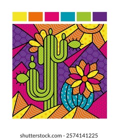 Illustration of cacti in the mountains in a bright cartoon style.