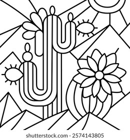 Illustration of cacti in the mountains in line style, suitable for a coloring book.