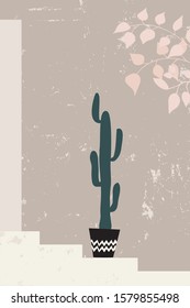 Illustration of a cactus in boho pot on stairs in front of textured house wall with doors and tree leaves - for posters, notebook cover, art prints, wall art, greeting cards, stickers, phone case etc.