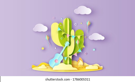 Illustration of a cactus decorated with guitars, lanterns, bonfire, pennant flag and fireworks in festa junina festival. Paper cut and craft style. vector, illustration.