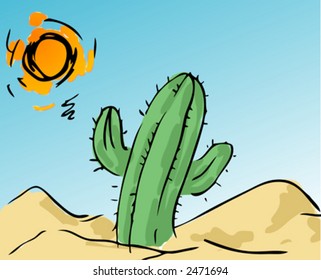 Illustration of a cactus in the desert, with the sun scorching down. Vector illustration