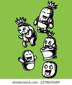 an illustration of a cactus mascot bundle in black and white